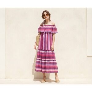 Vintage 1970s Celine Archival XS S Pink Purple Striped Ruffle Boho Midi Dress